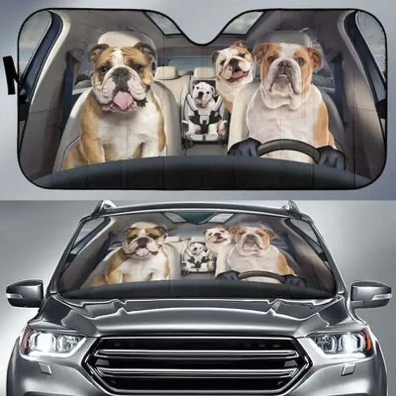 Bulldog Família Funny Safe Driver Sunshade, Auto Sun Shade, Presente personalizado, Padrão animal, Acessórios do carro