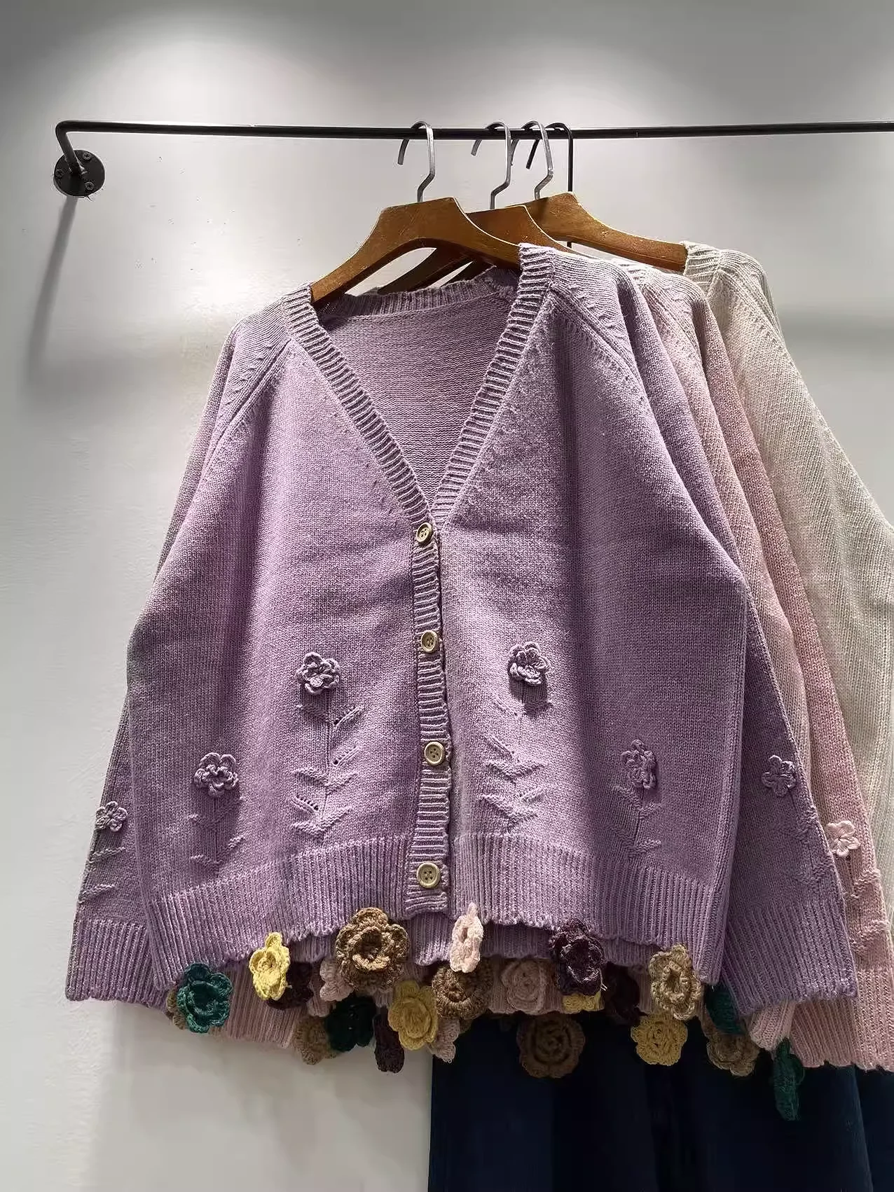 Bust 120cm Original Handmade Flower Embroider Pink Purple Beige Sweater Cardigan for Women Autumn Sweet V Neck Knit Outwear