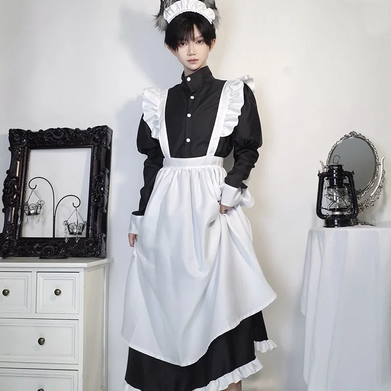 Japanese Style Maid Outfit Black White Long Dress Lolita Unisex Couple's Men Women Halloween Costume Uniform Adults Plus Size