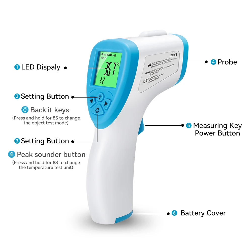 Aicare Digitales Thermometer, elektronisches, berührungsloses medizinisches Infrarot-Thermometer für Babys und Erwachsene, medizinisches Körperthermometer, Heimfiebermonitor – Detail 6