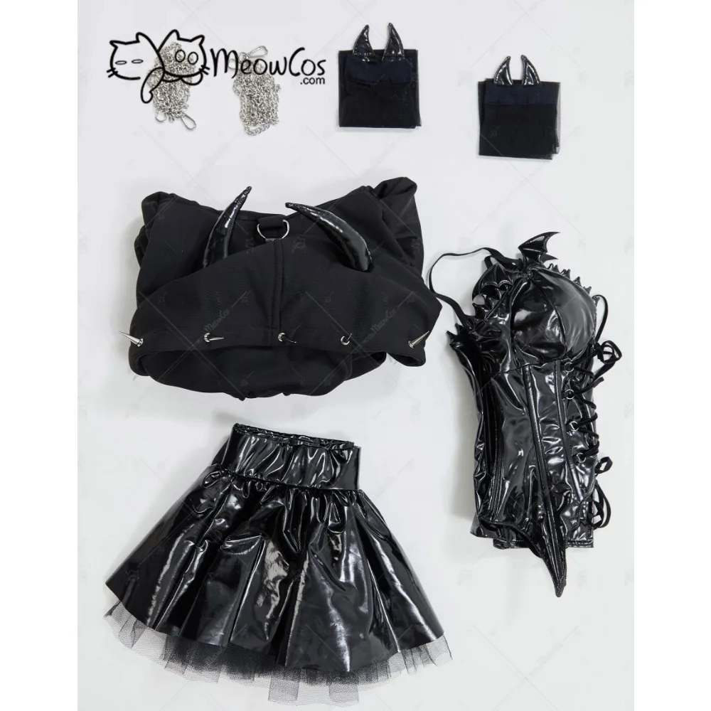 MEOWCOS Women Gothic Lingerie Set Black Corset Top and Mini Skirt with Short Hoodie and Thigh-High Stockings for Halloween