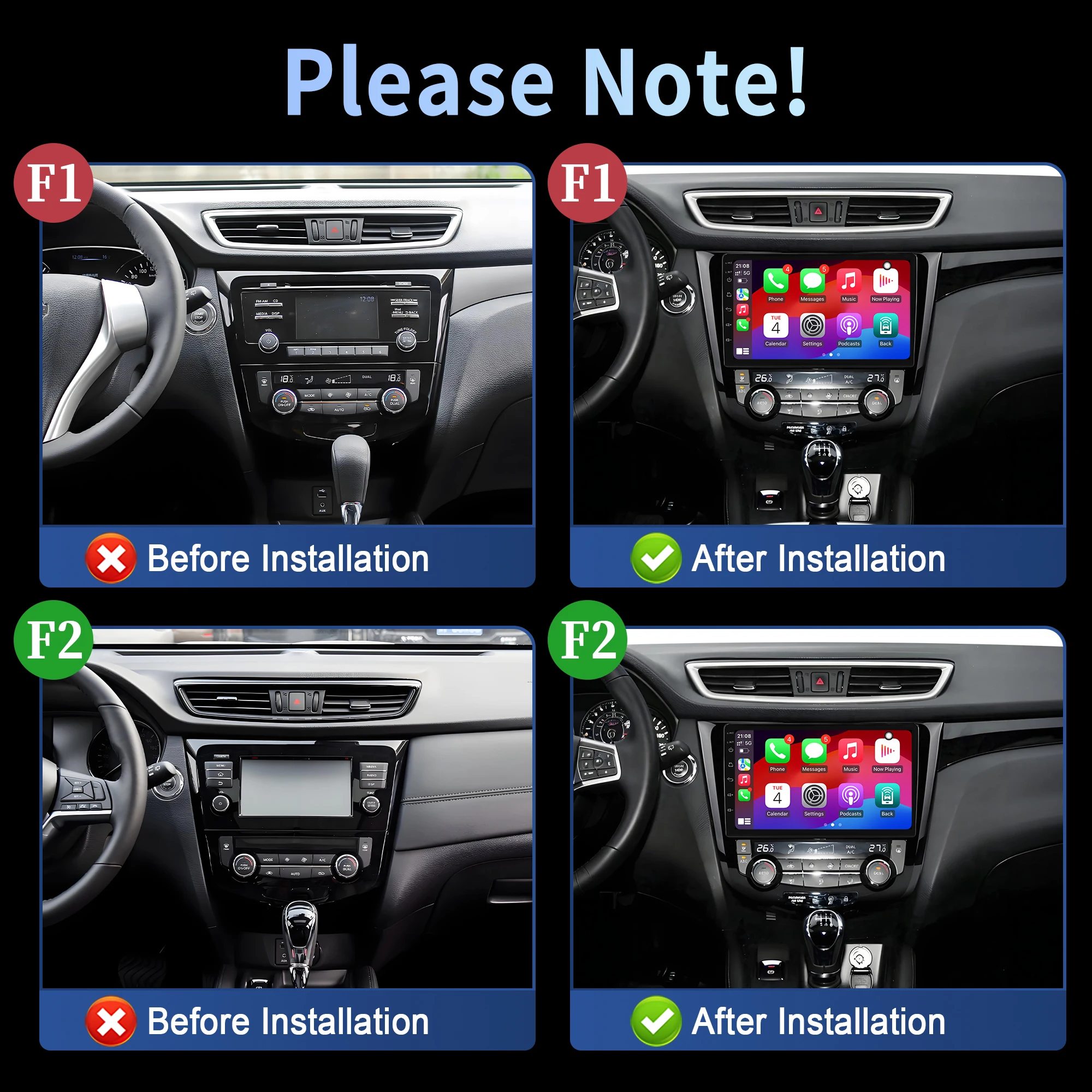 For Nissan Qashqai J11 X Trail T32 2014-2017 4G Touch Screen Multimedia GPS Radio with Wireless CarPlay Automatic AC
