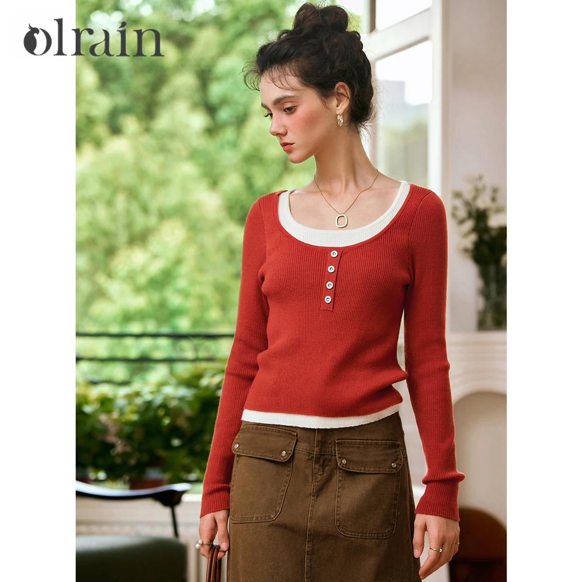 

OLrain U-Neck Knit Sweater Women 2025 Autumn Retro False Two-Piece Slim Fit Long Sleeve Top Elegant Casual Pullover N56QZ93869