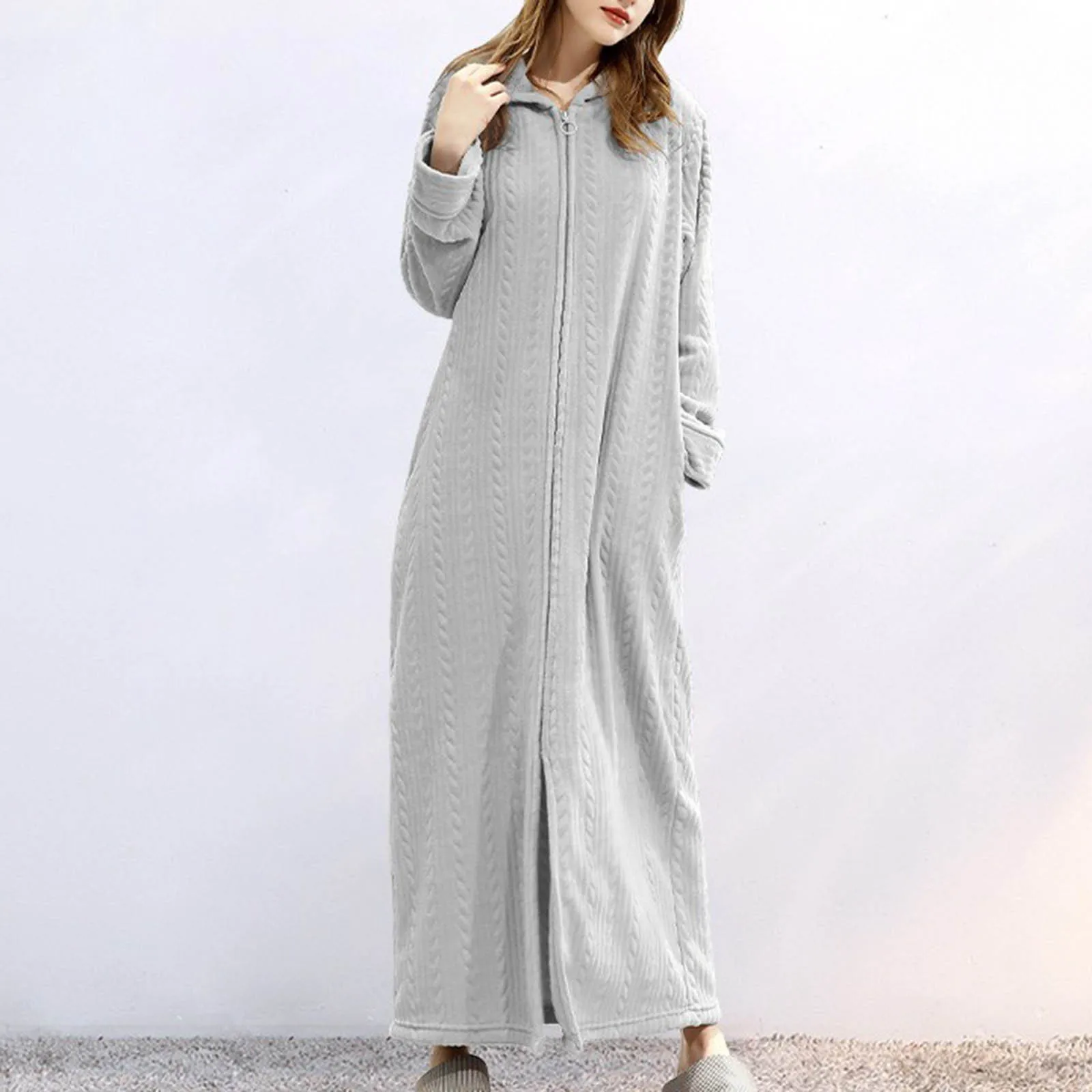 Long Bathrobe Women Hooded Long Sleeve Autumn Ladies Dressing Gown Zipper Oversize Autumn Robe Solid Sleepwear For Female