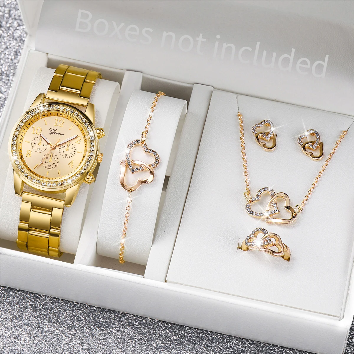 6PCS/Set Women's Watch Fashion Rhinestone Quartz Watch Jewelry Set Relogio Feminino Girls Clock Gift (Without Box)