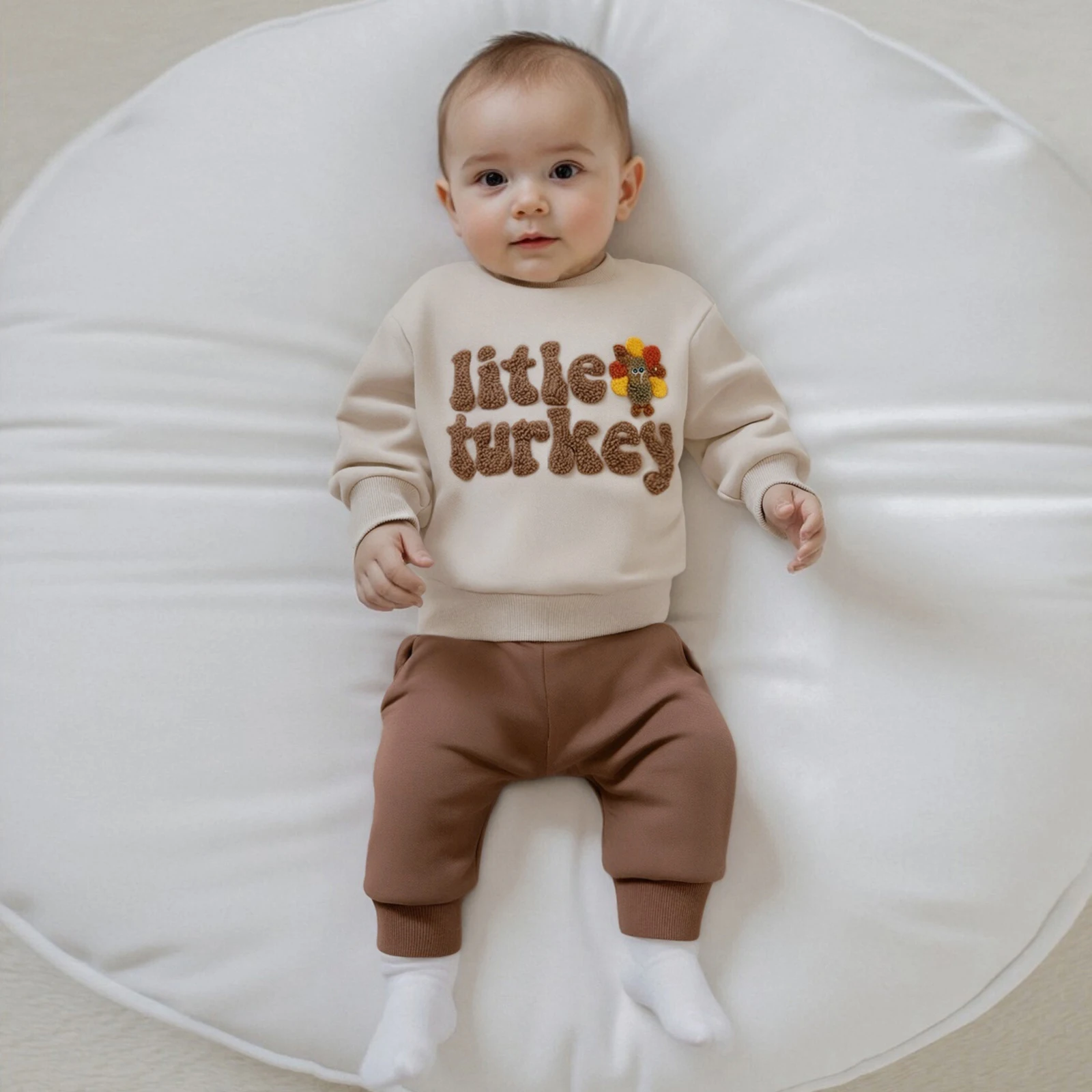 Toddler Boy Thanksgiving Outfits Letter Turkey Embroidery Long Sleeve Pullover Sweatshirt Tops Elastic Waist Solid Pants Set