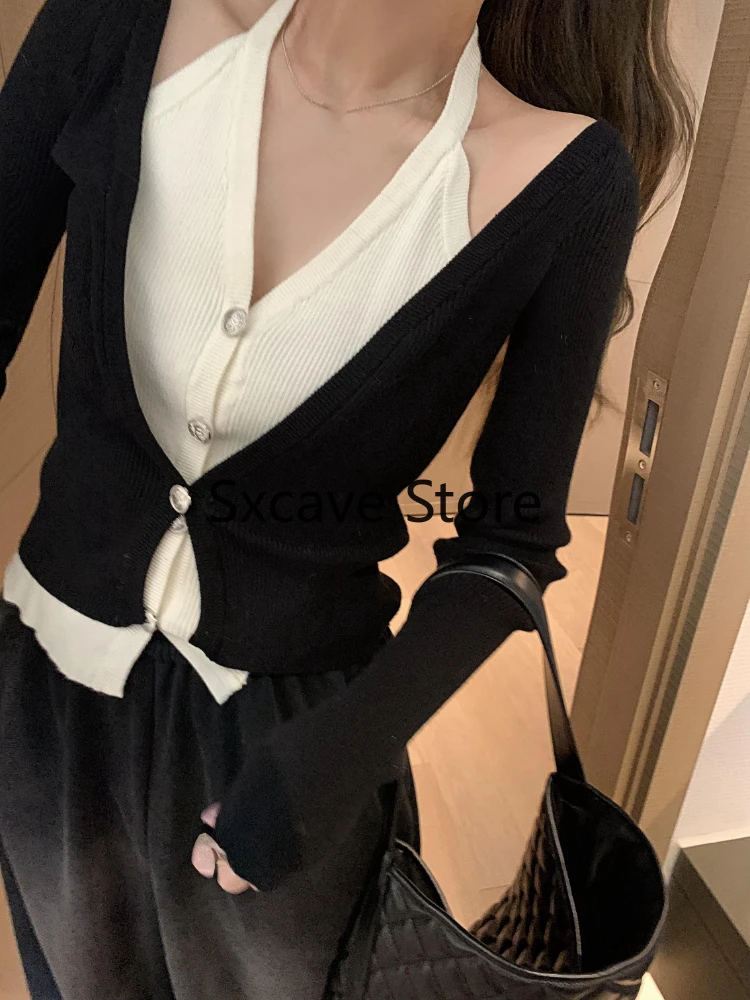 Sweet Knitted Cardigan Women Casual Long Sleeve Elegant Fake 2 Piece Sweater Office Lady Tops Korean 2023 Autumn Blouse Chic