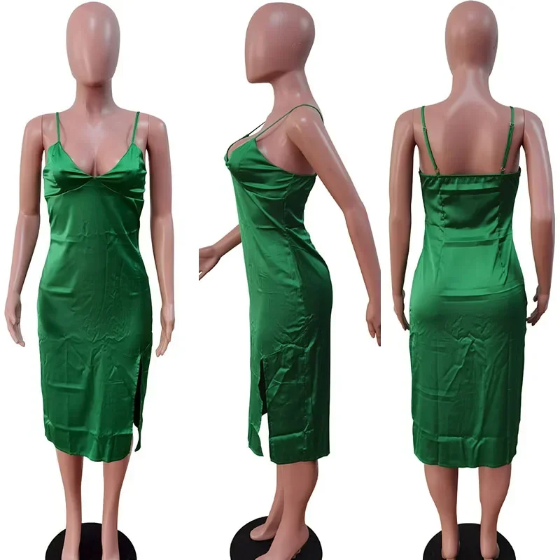 Sexy Spaghetti Strap V-neck Satin Midi Dresses for Women Elegant Night Party Sleeveless Backless Side Split Club Dresses Robe