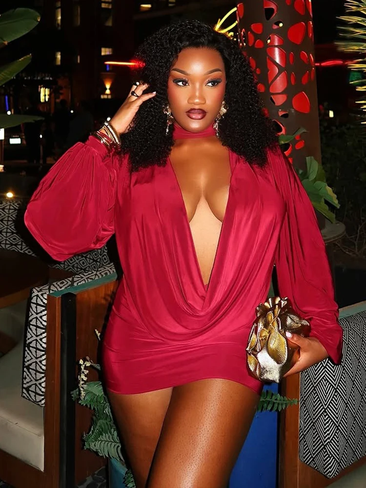 Cutenew col pivotant dos nu robe femmes Sexy bas poitrine écharpe bouton lanterne manches pêche hanche élégant Stretch mince moulante