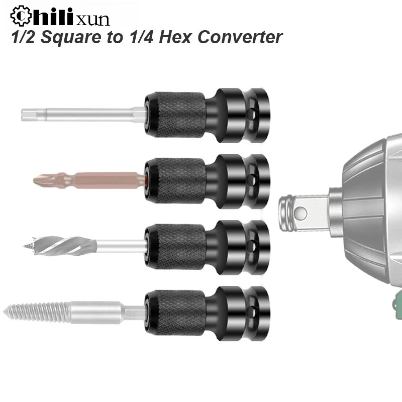 Electric Wrench 1/2 Square Drive To 1/4 Hex Socket Female Adapter Spanner Chuck Converter Impact Air Extension Pneumatic Tool