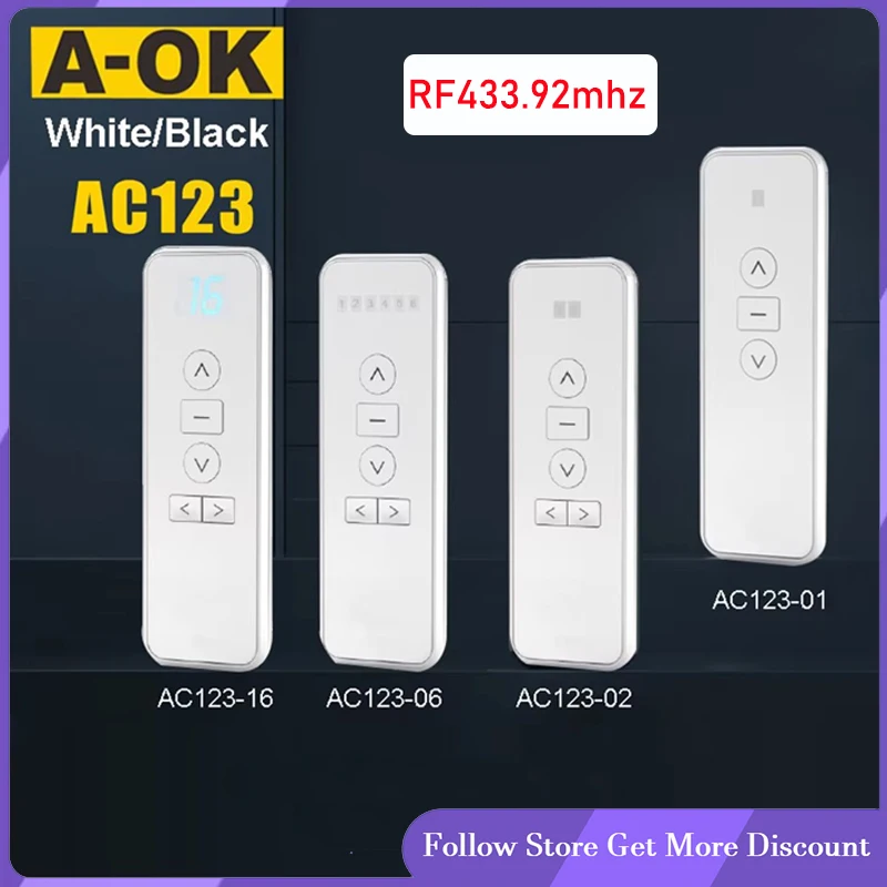 

A-OK AC123 1/2/6/16-CH Remote Controller RF433 Wireless Control Transmitter for A-OK Electric Curtian Motor,with Battery