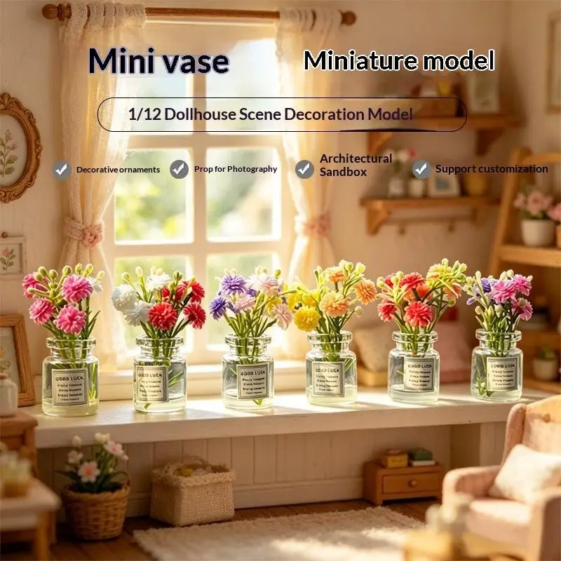 1 12 Scale Miniature Colorful Carnation Vase Realistic Clear Glass Jar For Dollhouse Decor Photo Props