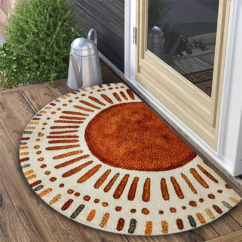 Boho Retro Orange Sun Ray Dot Border Non Slip Half Round Doormat Rustic Farmhouse Outdoor Semicircle Entry Floor Carpet