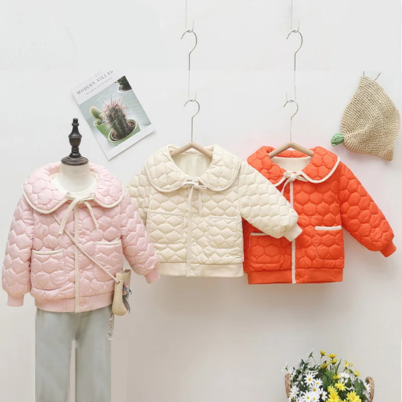 Baby Girls Cotton Jackets Children Cute Turndown Collar Down Coats Kids Autumn Winter Clothing Infant Solid Color Outerwear