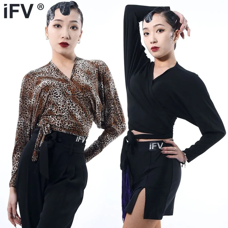 

Customized IFV Latin Modern Dance Dress Women's Bat Long Sleeve Top Professional Practice Loose Training Dress 1011