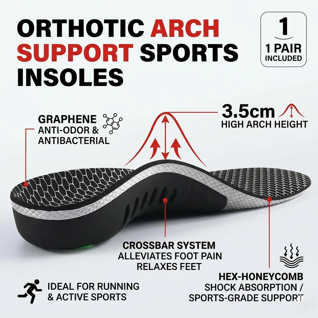 Orthotic Arch Support Sports Insoles 1 Pair Shock Absorbing Graphene Antibacterial Anti-Odor Shoe Pads Foot Pain Relief Running
