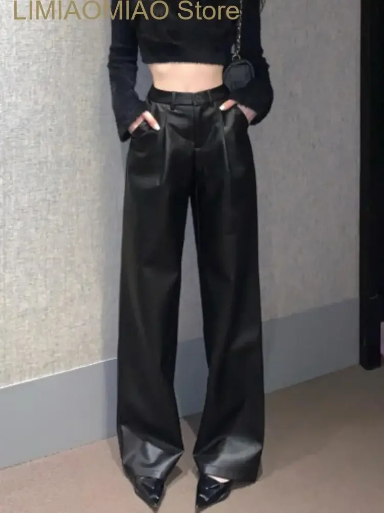 Nuevos pantalones de cuero negro para mujer, pantalones holgados informales elegantes de cintura alta, moda coreana para mujer, pantalones rectos de pierna ancha para invierno