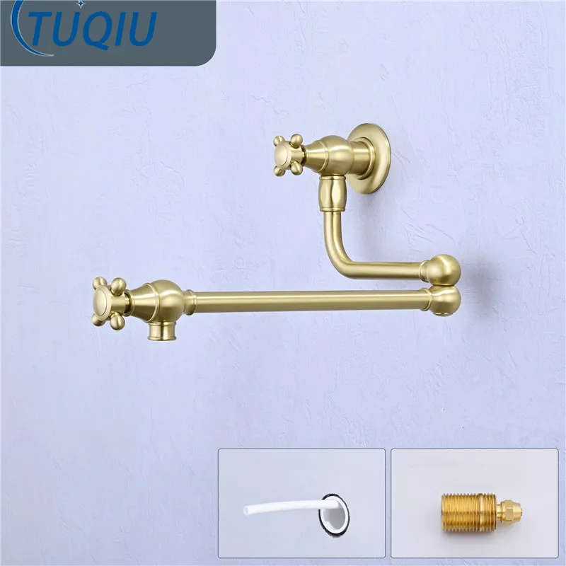 Brushed Gold Pot Filler Tap Wall Mounted Foldable Gray Kitchen Faucet Single Cold Sink Tap Rotate Folding Spout Gold Brass