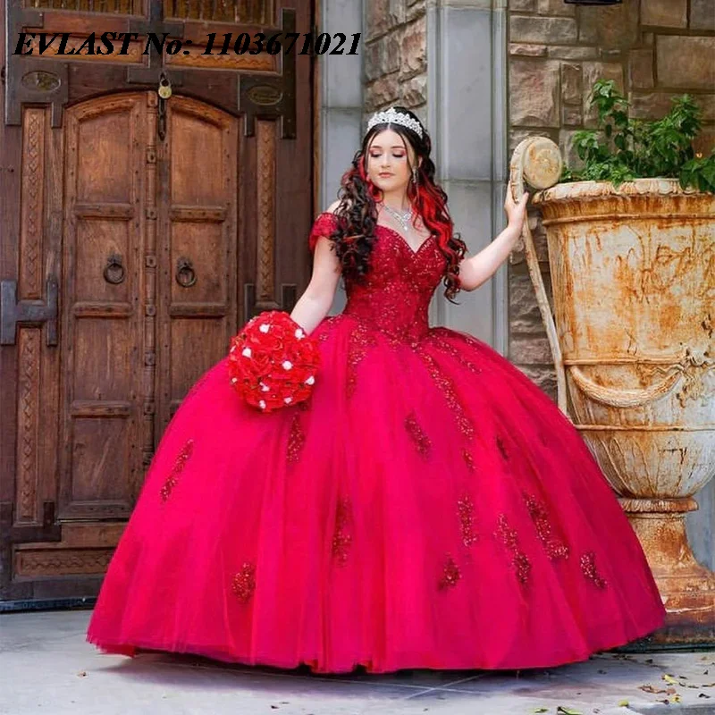 EVLAST Shiny Red Quinnceanera Dress Ball Gown 3D Floral Lace Applique Beaded Crystal Corset Sweet 16 Vestidos De 15 Anos SQ564