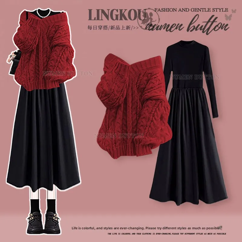Elegant Spring Knitted Set Women's Loose Fit Long Sleeve Dress And Sweater Two-Piece Suit Age-Defying Slimming Effect
