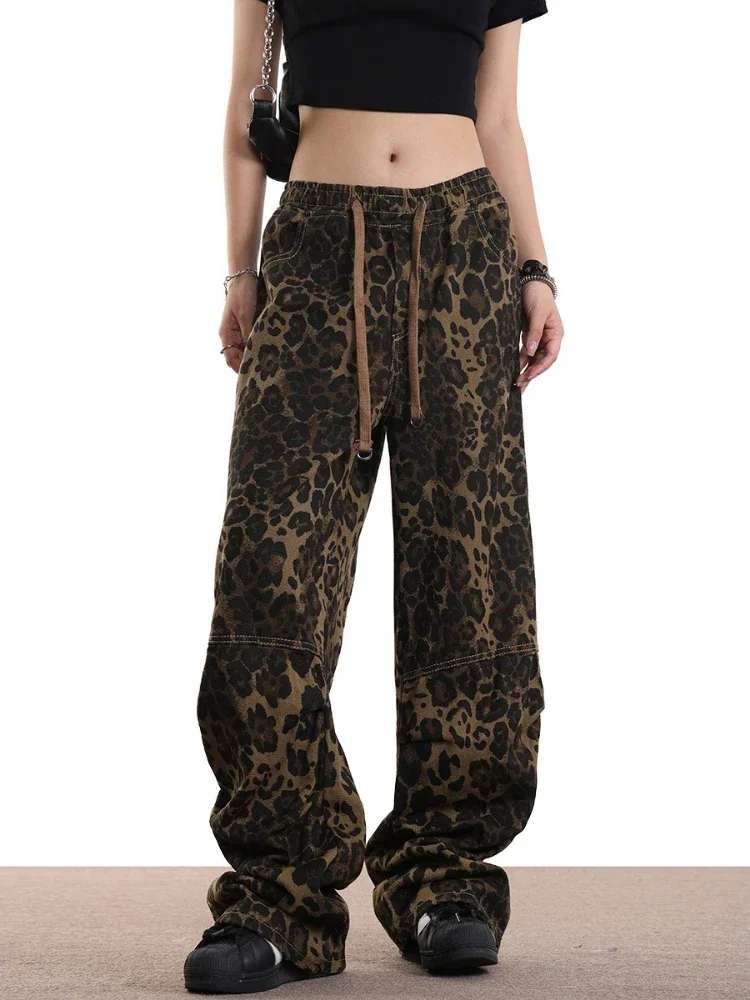 جديد الهيب هوب ليوبارد طباعة بنطال ذو قصة أرجل واسعة للنساء الخريف فضفاض مستقيم بنطلون عالية الخصر الرباط كل مباراة ​ بانتالون فام