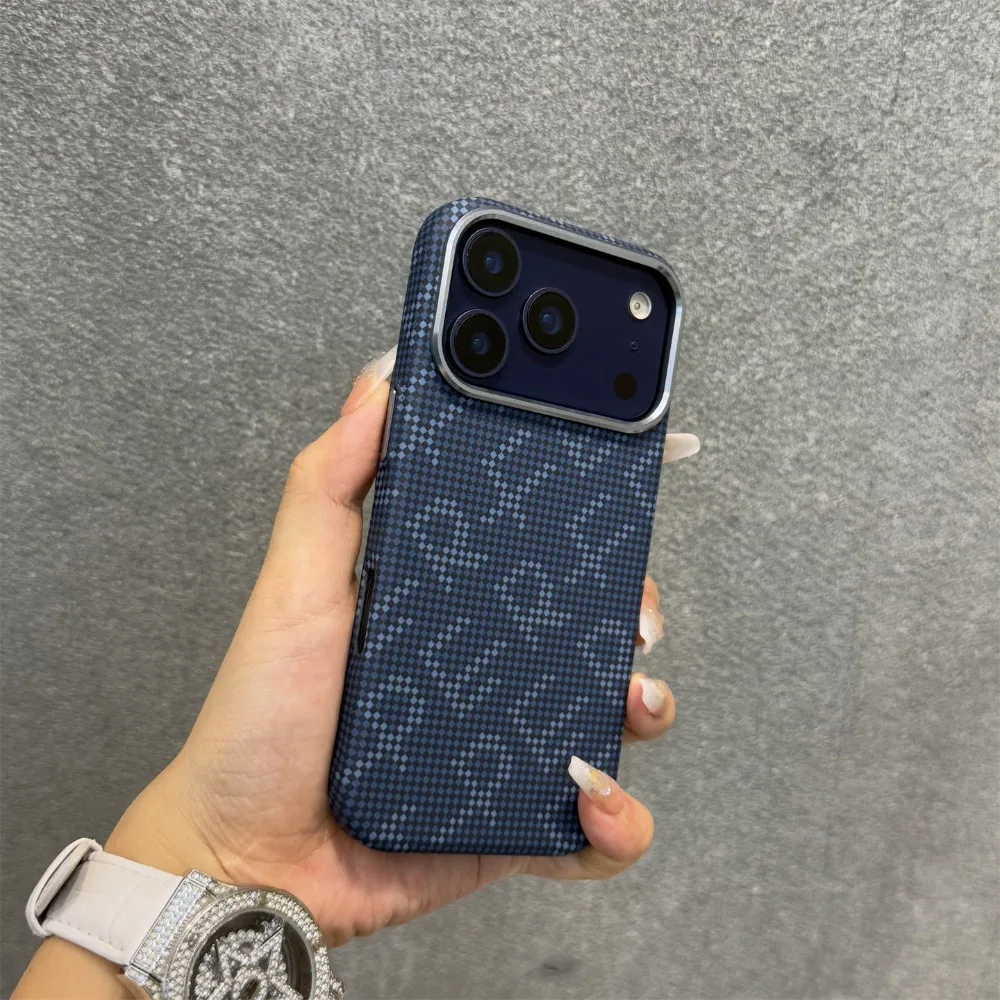 

For iPhone 17 Pro Max Case Blue Kevlar Matte Magnetic Hard Shell Metal Frame Compatible with iPhone 16 15 14