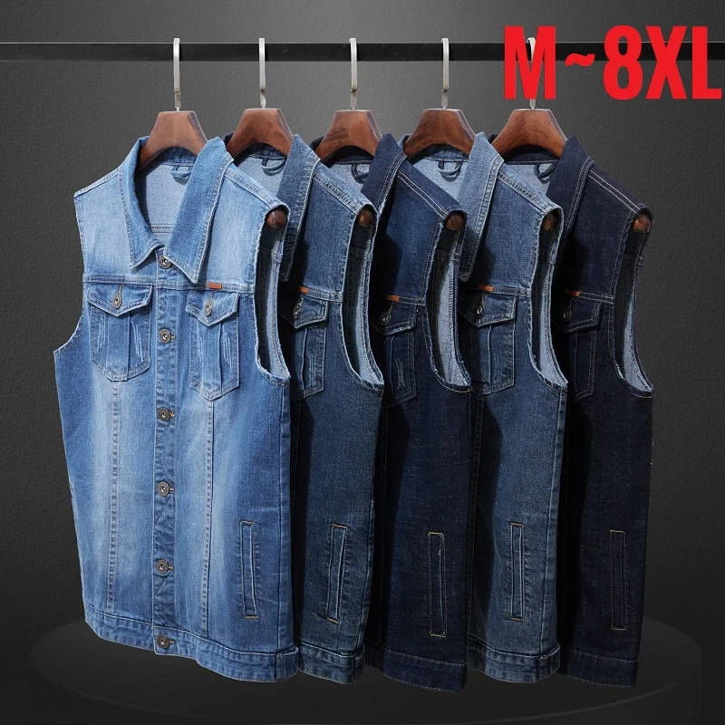 

Plus Size 8XL 7XL 6XL Clothing Spring Denim Vests Men's Sleeveless Cowboy Jackets Male Vintage Casual Vest Jeans Man Waistcoat