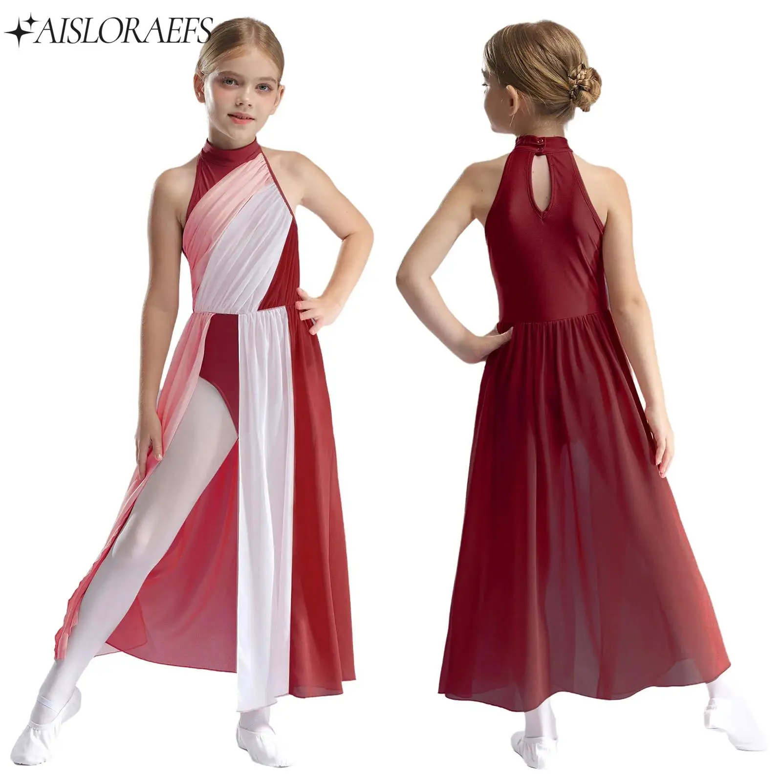 

Sleeveless Ballet Lyrical Modern Dance Dress for Girls Color Block Mesh Split Gymnastics Figure Ice Skating Performance Clothes