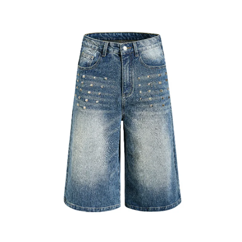 

Men's Oversized Hip Hop Short Jeans With Rivets Loose Fit Vibe Style Y2K Denim Shorts Summer Washed Jeans For Male