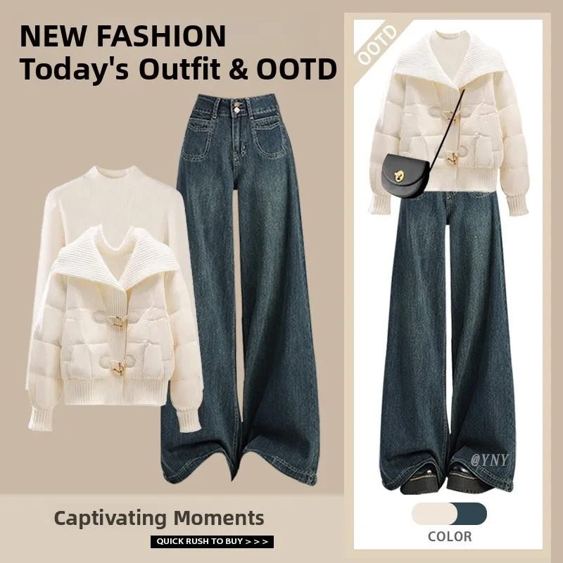 

Зимний женский комплект из трех предметов: хлопковая куртка, свитер и джинсы больших размеров, модный дизайн с элементами пэчворка, повседневный стиль