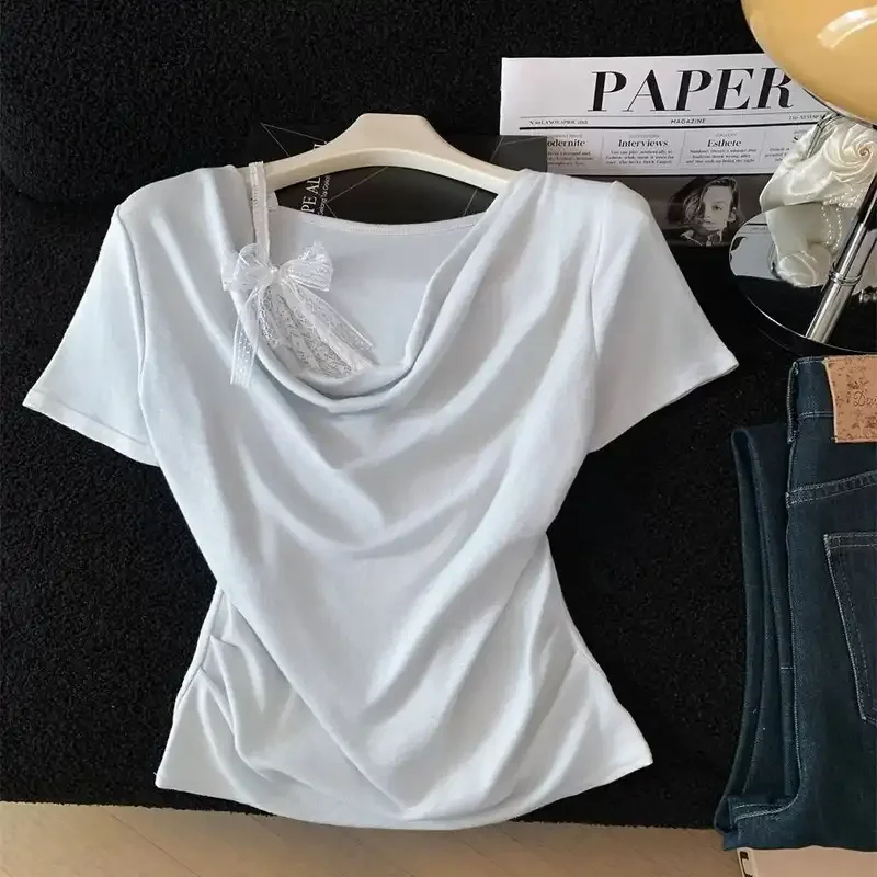 Women's Clothing Pure Desire Style T-shirt Summer Slim Off-the-shoulde Short Sleeve Tee Lady Slim Versatile V-neck Unique Tops