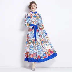 Autumn Holiday Long Sleeve Floral Maxi Dress Shirt Women Loose Big Single Breasted Lace Belt Blue White Porcelain Orange Dresses