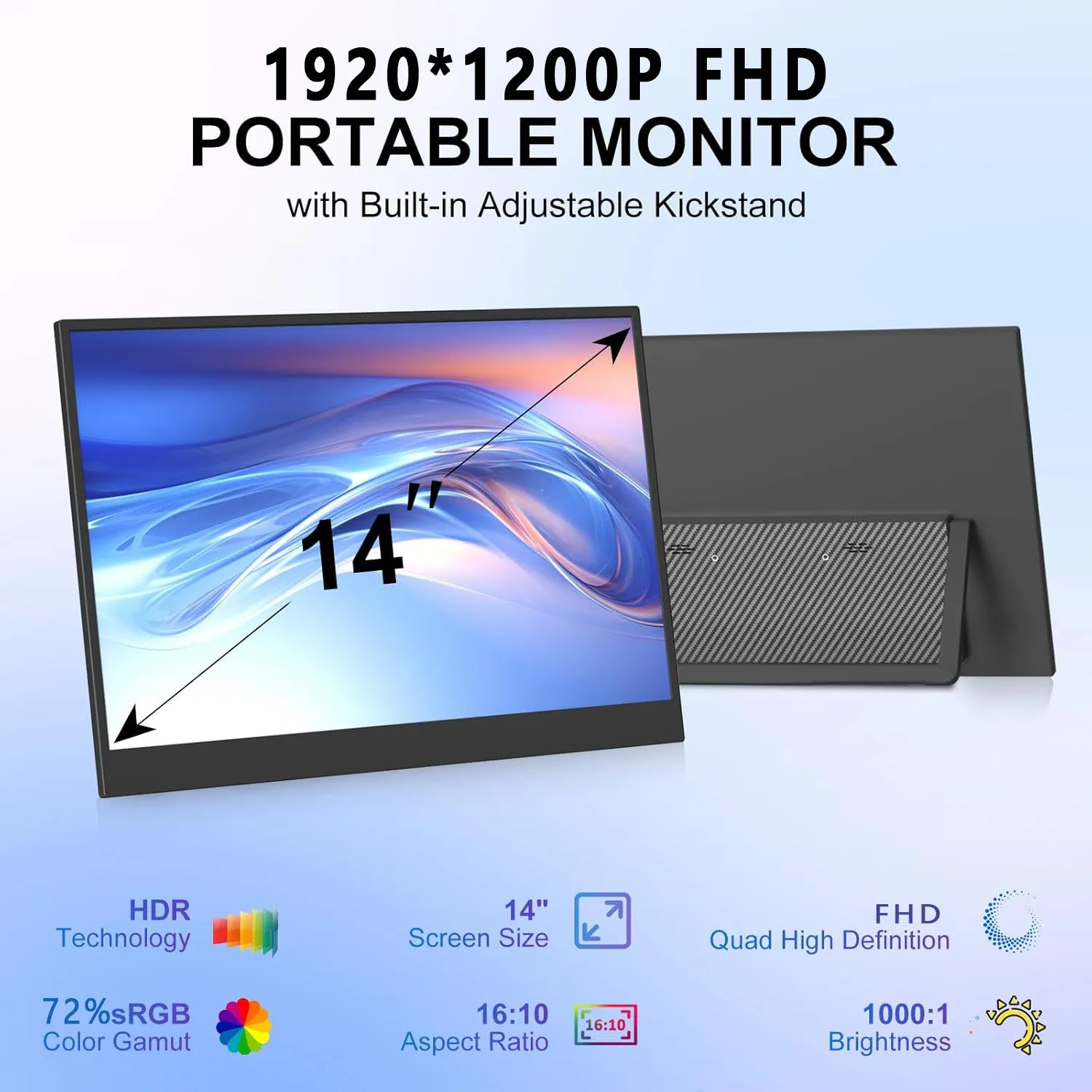 14 Inch 1920*1200P FHD Portable Monitor 72%sRGB IPS 300Nits With Type-C Mini HDMI For Laptop Phone PS4/5 XBox Mac Dack Switch