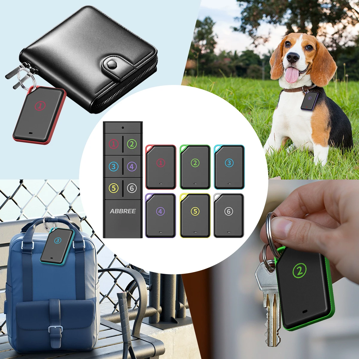 ABBREE 1 IN 6 Wireless Key Finder One Touch Calling Key Locator Anti-loss Devices Pet Backpack Wallet Tracker Remote Control