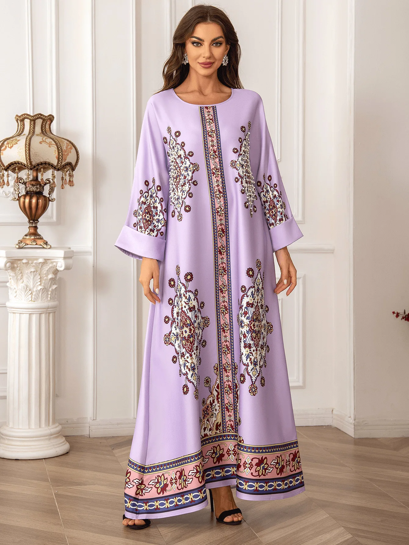 

Eid Beading Muslim Party Dress Women Ramadan Abaya Long Dresses Print Morocco Kaftan Vestidos Largos Dubai Robe Jalabiya 2024