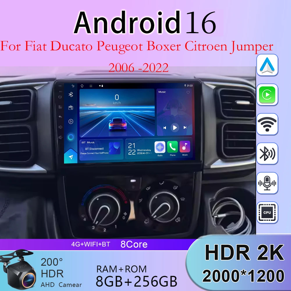 Car Radio For Fiat Ducato Peugeot Boxer Citroen Jumper 2006 2007 2008 2009 -2022 tereo Multimedia Video Player Wireless Carplay