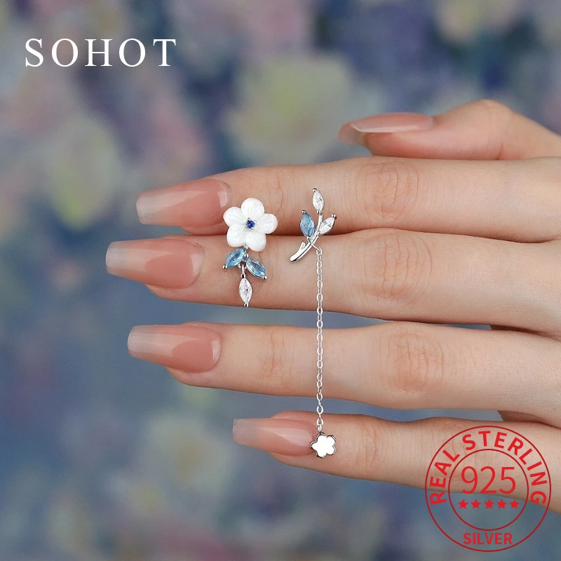 

Real 925 Sterling Silver Asymmetric Flower Zircon Short Chain Tassel Stud Earrings for Women Cute Fine Jewelry Accessories