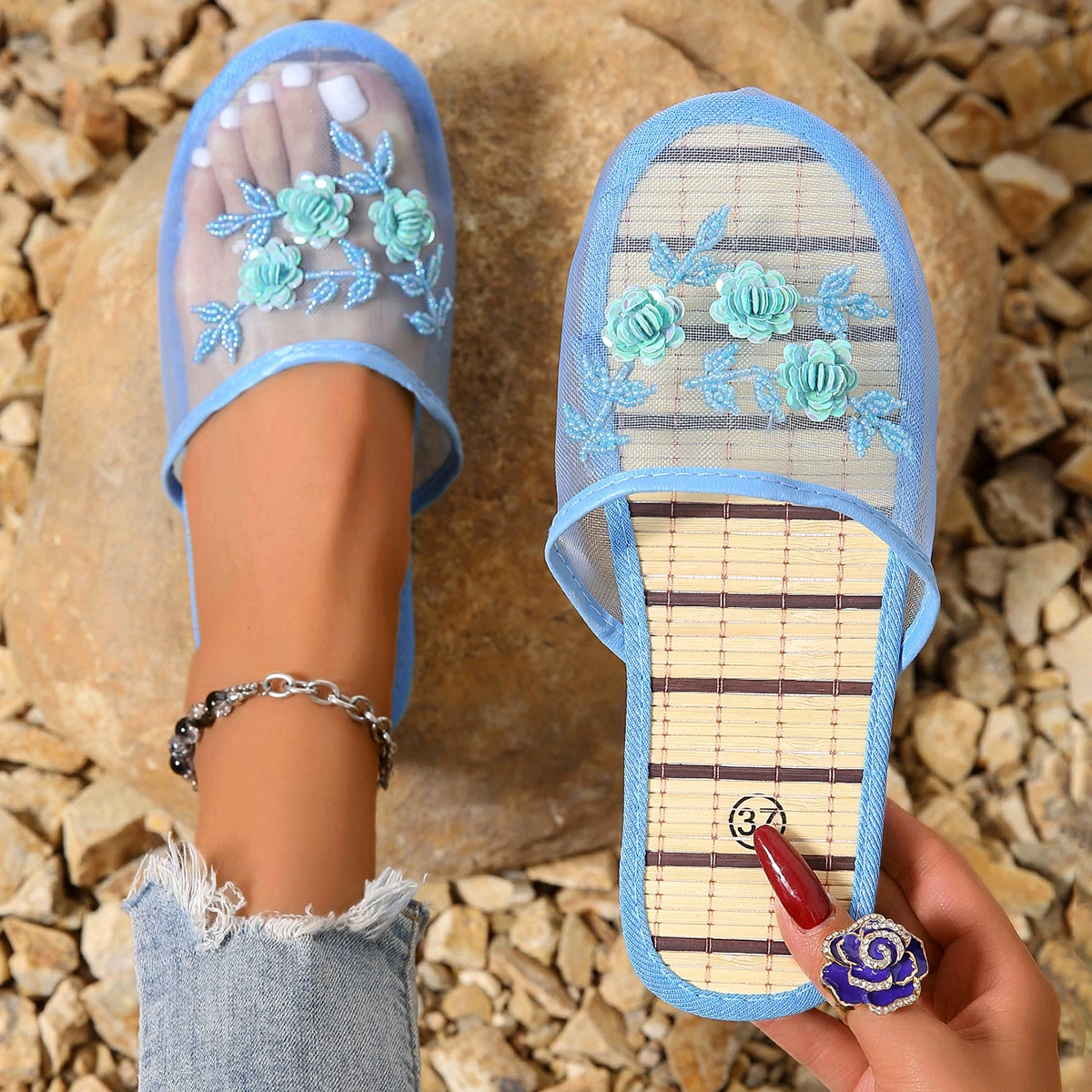 

Women Slippers Casual Flower Mesh Baotou Sandals Sequin Flat Shoes Summer Lightweight Slippers Mesh Breathable Slides Women