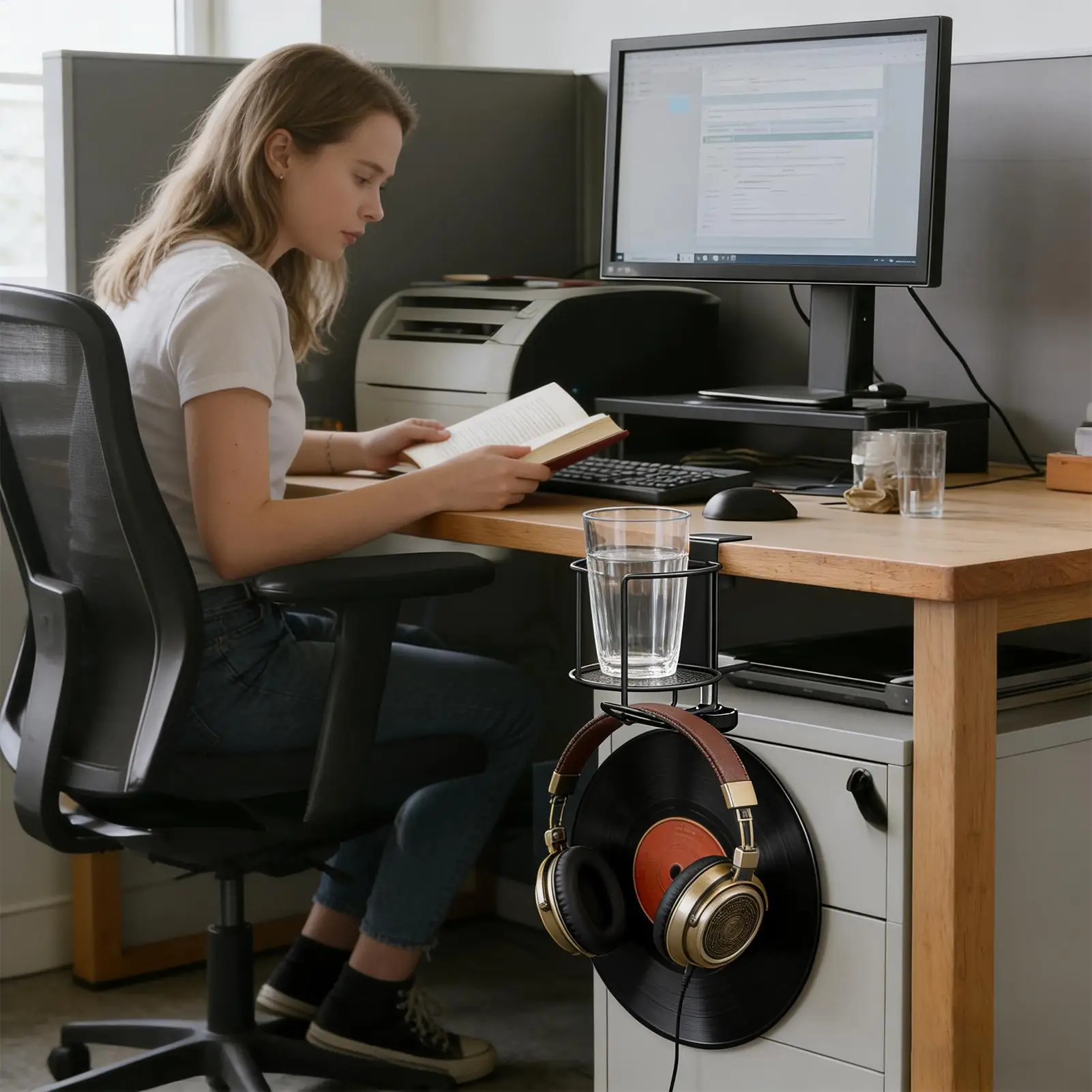 Desk Cup Holder 2-in-1 Tabletop Drinks Organizer with Headphone Hanger Tabletop Cup Holder for Mug Tumbler Bottle Home Office