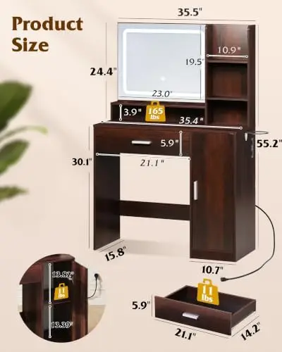 Brown Vanity Desk with Mirror and Lights, Makeup Vanity for Girls | Compact Wooden Vanity, LED Strip Mirror, 1 Drawer