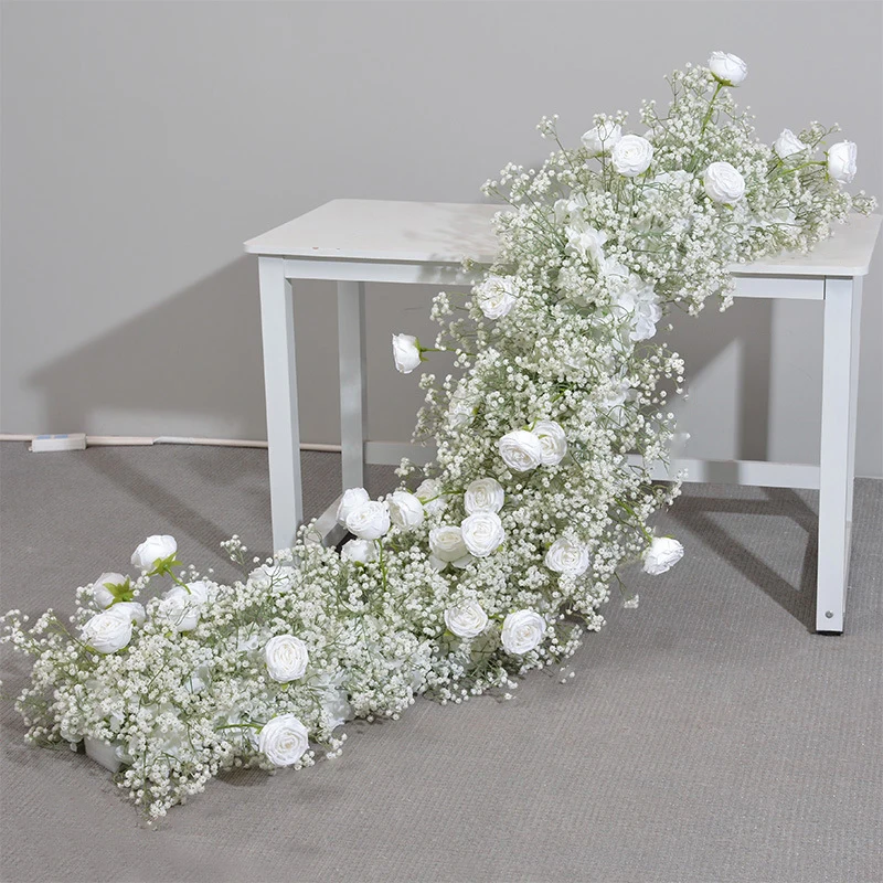 Custom Baby Breath Rose Flower Row Wedding Backdrop Arch Arrangement Party Table Centerpieces Ball Event Table Flower Runner