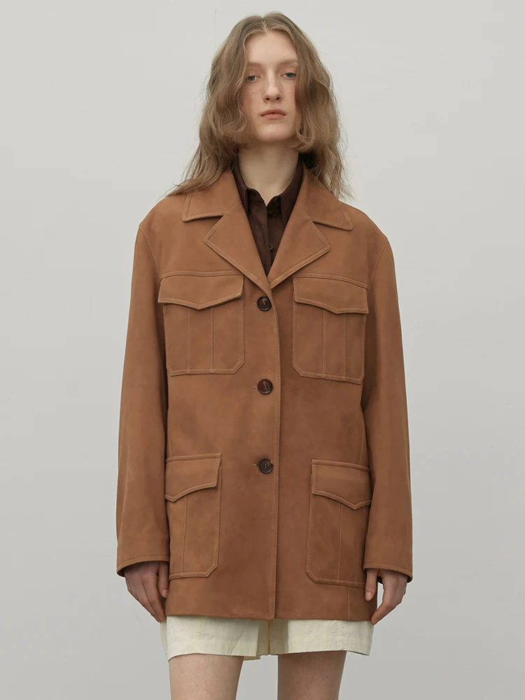 Vintage Classic Genuine Leather Blazer Jackets for Women Spring Autumn High-end Simple Single Breasted Real Sheepskin Suede Coat