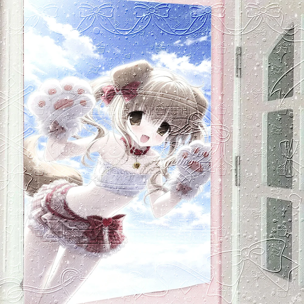 Coquette Nekomimi Tapestry 『Ao Sora』 Cat Girl with Paw Gloves & Sparkle Effect, Translucent Filter Overlay, Animecore Bedroom De
