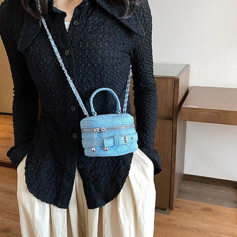 Small Lingge Denim Bucket Bag Casual Chain Crossbody Bag Denim Crossbody Bag Lipstick Bag Coins Purses Lingge Shoulder Bag Girl