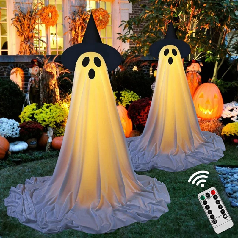 

2 Halloween Decorative LED Ghost with Hat Remote Control (Battery Case) with Felt Tripod