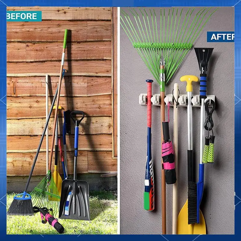 

Подставка для швабры и метлы — система хранения в гараже с 5 слотами, 6 крючками — садовые инструменты для дома, кухонь, гаража, стирки