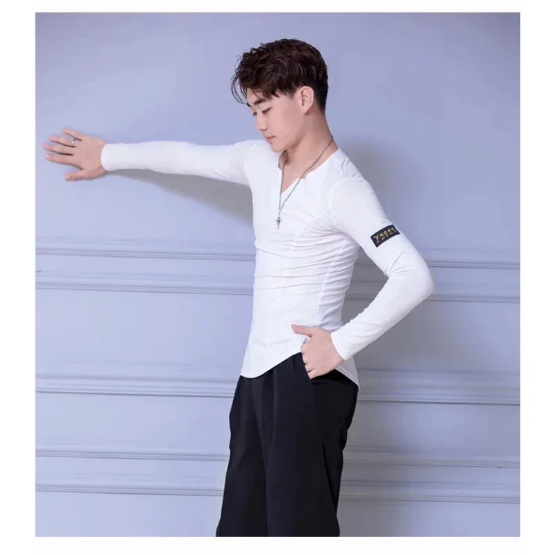 Camicie da ballo latino da uomo in cotone cristallo a maniche lunghe con scollo a V top da allenamento maschile sala da ballo Cha Samba abiti da ballo Dancewear UBs;2,k