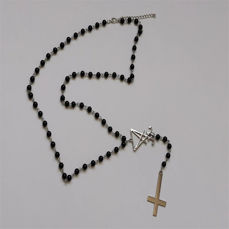 Satanic style rosary necklace with inverted cross and Lucifer Sigil