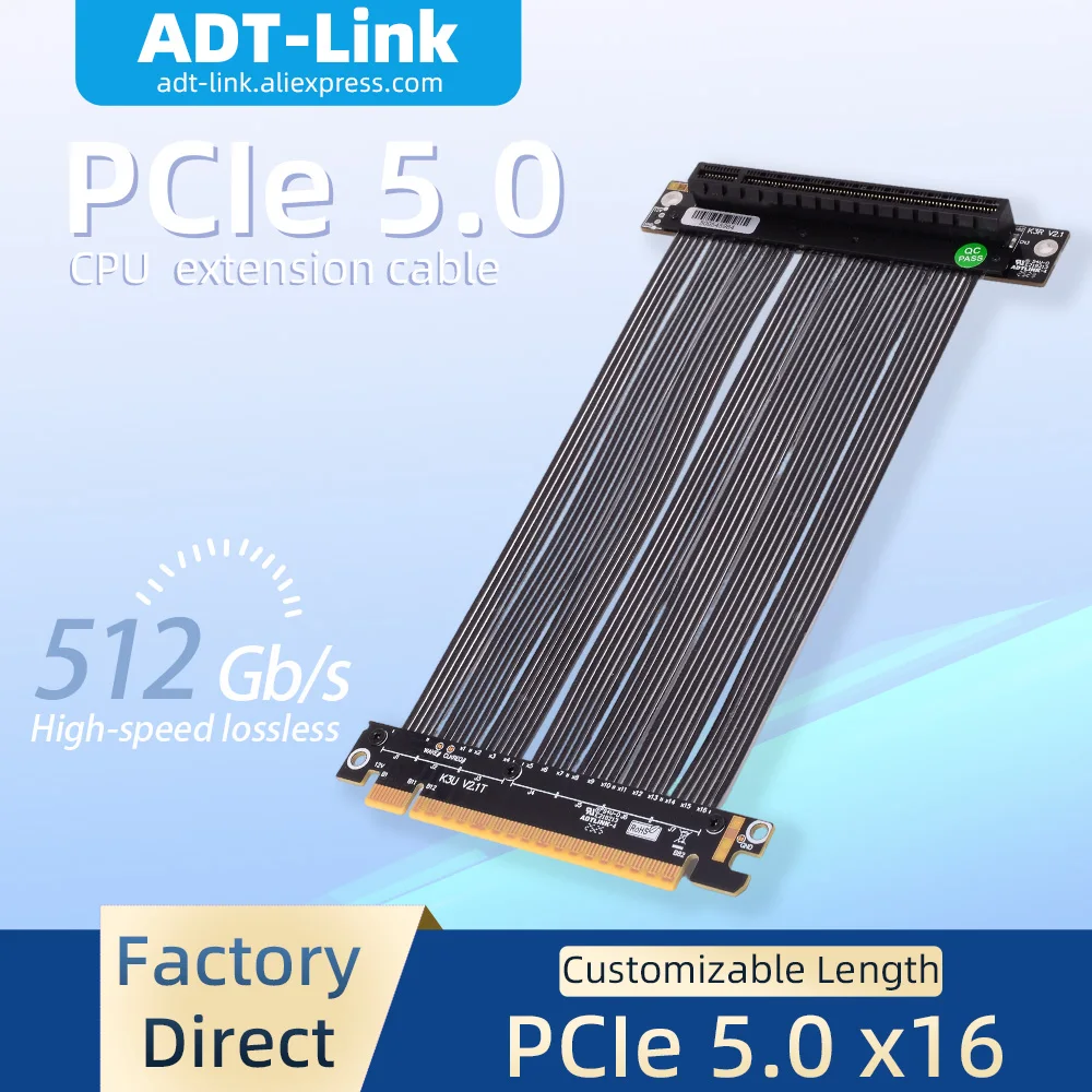 

ADT-Link GPU Extension Cable PCIE 5.0 Gen5 x16 Riser Adapter 512Gbps High Speed for Servers NVIDIA RTX50 AMD RX90xx K33UR-BK
