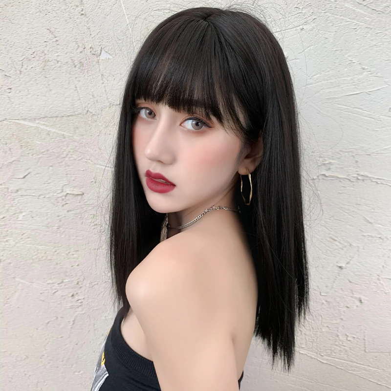 7JHH WIGS Shoulder Length Flat Cut Dark Brown Wig for Women Daily Use High Density Synthetic Balck Tea Hair Wigs with Air Bangs